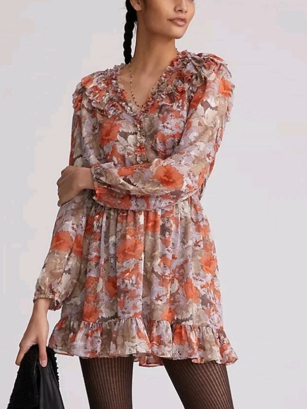 Anthropologie Current Air Womens Orange Mauve Ruffled Floral Mini Dress Size M